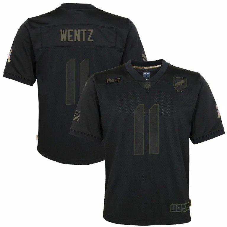 NFL Philadelphia Eagles #11 Carson Wentz Nike Youth 2020 Salute to Service Game  Black jerseys